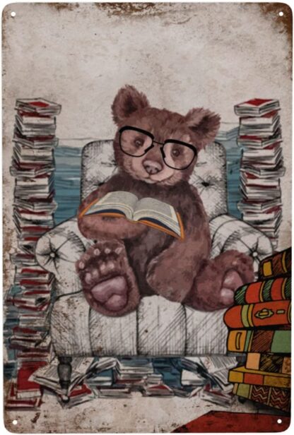 8x12 inch Bear Tin Painting Vintage Tin Mural Love Reading Bear Metal Sign