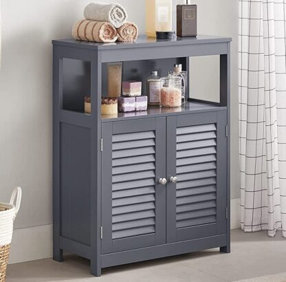 Gray Bathroom Storage Floor Cabinet, Free Standing with Double Shutter Doors and Adjustable Shelf