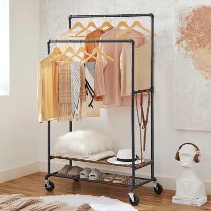 Rustic Brown + Black Rolling Clothes Rack, Double Rail Garment Rack on Wheels