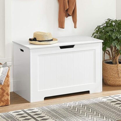 White Lift-Top Storage Chest, Entryway Bench with 2 Safety Hinges, Wooden Box