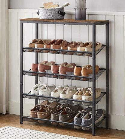 Rustic Brown + Black Shoe Rack, 5-Tier Shoe Rack Organizer