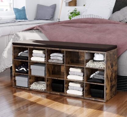 Rustic Brown + Brown Shoe Bench with Cushion, Storage Bench with 15 Compartments, Shoe Rack Bench, Shoe Shelf, Storage Cabinet, for Entryway