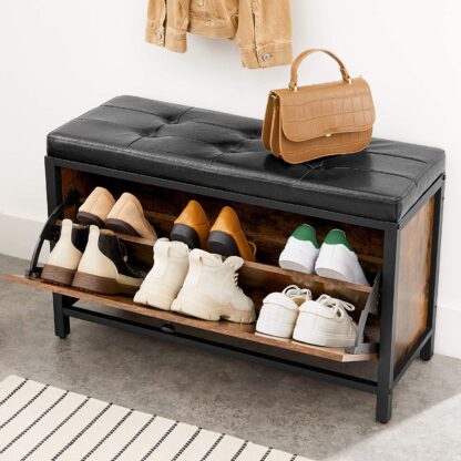 Rustic Brown + Black Shoe Bench, Padded Shoe Storage Bench