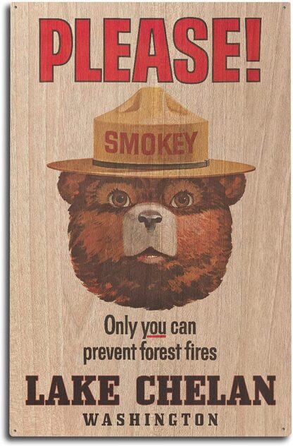 8x12 inch SMOKEY BEAR PLEASE LAKE CHELAN Vintage Tin Sign