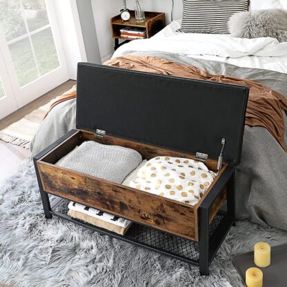 Rustic Brown + Black Storage Bench, Shoe Bench, Bed End Stool with Padded Seat and Metal Shelf