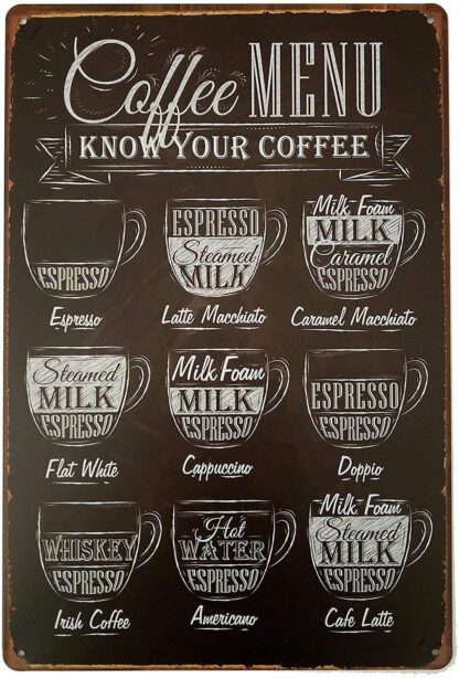 8x12 inch Coffee Menu Know Your Coffee Tin Sign Wall Retro