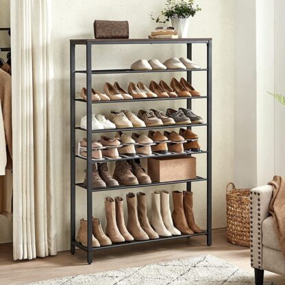 8-Tier Rustic Brown + Black Shoe Rack, Shoe Organizer for Closet, 32-40 Pairs of Shoes