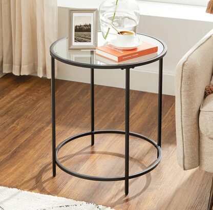 Black Round Side Table, Glass End Table with Metal Frame, Small Coffee Accent Table, Bedside Table, Modern Style, for Living Room, Balcony, Bedroom