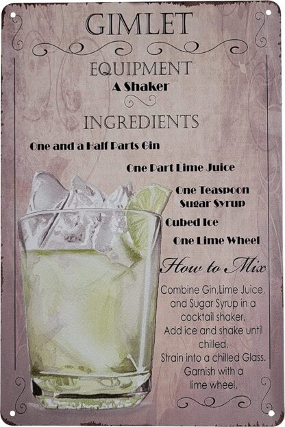 8" x 12" Popular Cocktails and Drink Mix Recipes on Metal Tin Sign