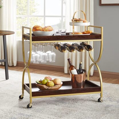 Gold + Cherrywood Bar Cart Gold, Home Bar Serving Cart, Kitchen Serving Cart with Wine Holders