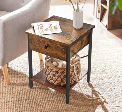 Rustic Brown and Black Nightstand, End Table, Side Table with Drawer and Shelf, Bedroom, Easy Assembly, Steel, Industrial Design