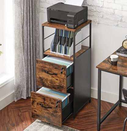 Rustic Brown + Black File Cabinet, Filing Cabinet for Home Office, with Lock and 2 Drawers