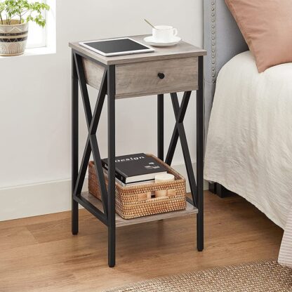 Greige + Black End Table, Side Table, Tall Nightstand with Drawer and Storage Shelf