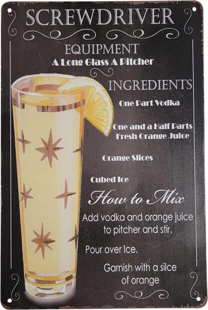 8" x 12" Popular Cocktails and Drink Mix Recipes on Metal Tin Sign