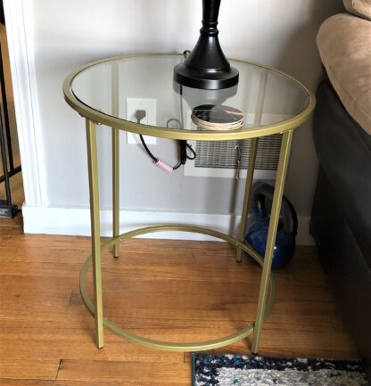 Gold Round Side Table, Glass End Table with Metal Frame, Small Coffee Accent Table, Bedside Table, Modern Style, for Living Room, Balcony