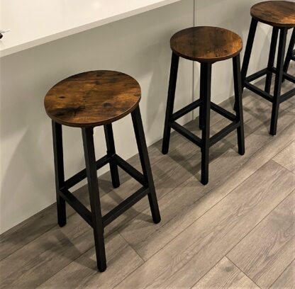 Rustic Brown + Black Bar Stools, Set of 2 Bar Chairs, Steel Frame, 25.6 Inch Tall