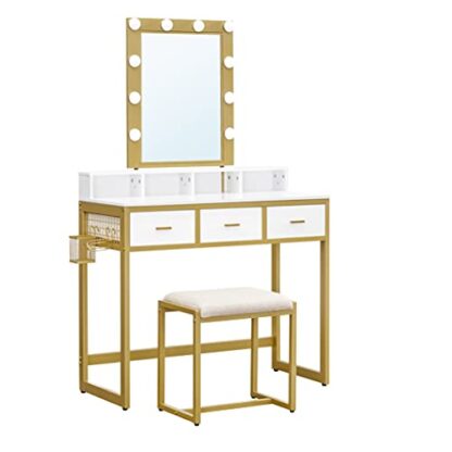 White + Gold Vanity Desk, Makeup Vanity Set with LED Lights - Image 8