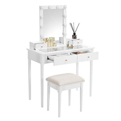 White Vanity Set, Makeup Vanity Table with Mirror 10 Dimmable Light Bulbs - Image 2