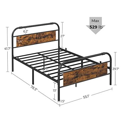 Rustic Brown + Black Full Size Metal Bed Frame with Headboard Footboard - Image 3