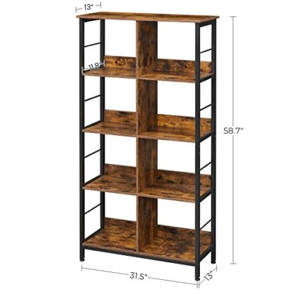 Rustic Brown + Black Industrial Bookshelf, 4-Tier Bookcase with 8 Cubes - Image 5