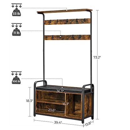 Rustic Brown + Black Hall Tree with Storage Bench, Entryway Storage with 9 Hooks - Image 4