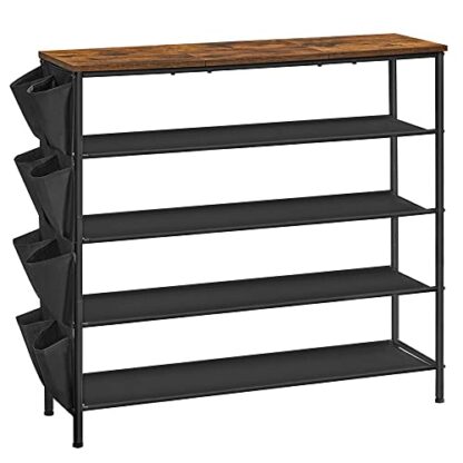 5-Tier Rustic Brown + Black Shoe Rack, Narrow Shoe Organizer - Image 7