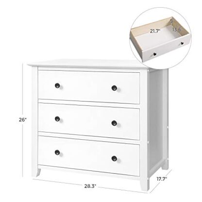 White 3-Drawer Dresser, Chest of Drawers, Bedside Table with Solid Wood Legs - Image 4