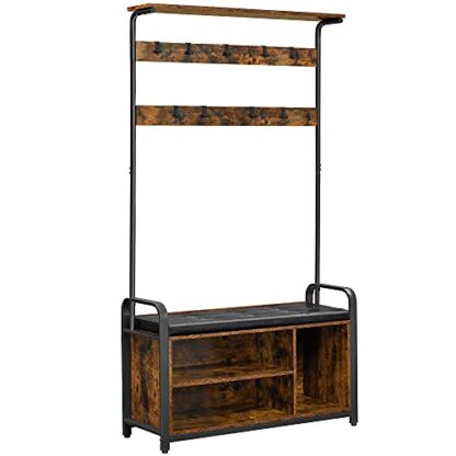 Rustic Brown + Black Hall Tree with Storage Bench, Entryway Storage with 9 Hooks - Image 8