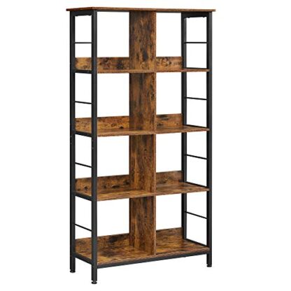 Rustic Brown + Black Industrial Bookshelf, 4-Tier Bookcase with 8 Cubes - Image 8