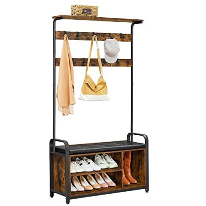 Rustic Brown + Black Hall Tree with Storage Bench, Entryway Storage with 9 Hooks - Image 2