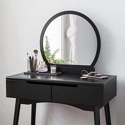 Black Vanity Table, Makeup Vanity Desk with Rounded Mirror - Image 2