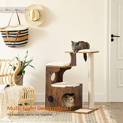 33.9-Inch Rustic Brown + White Cat Tower, Medium Cat Tree with 3 Beds and Cave - Image 7