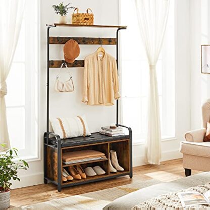 Rustic Brown + Black Hall Tree with Storage Bench, Entryway Storage with 9 Hooks - Image 7