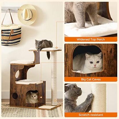 33.9-Inch Rustic Brown + White Cat Tower, Medium Cat Tree with 3 Beds and Cave - Image 4