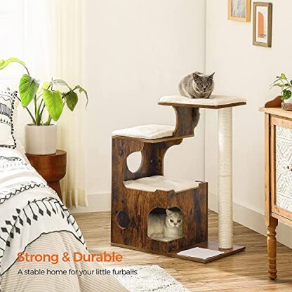 33.9-Inch Rustic Brown + White Cat Tower, Medium Cat Tree with 3 Beds and Cave - Image 3