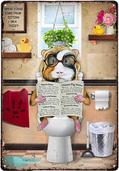 8x12 inch Guinea Pig Sitting On Toilet and Reading A Newspaper Metal Sign