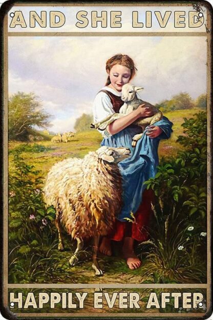 8x12 inch Garden Girl with Cute Sheep She Lived Happily Ever