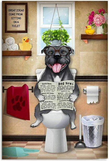 8x12 inch Pitbull Dog is Reading Newspaper in Toilet Vintage Tin Sign