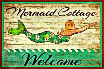 8x12 inch Retro Vintage Metal Plaque Tin Sign Mermaid Cottage Hawaii Welcome