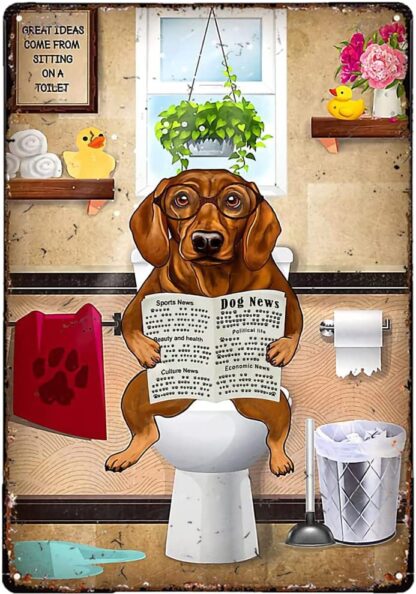 8x12 inch Brow Dachshund Sits On Toilet and Reading NewspaperMetal Sign