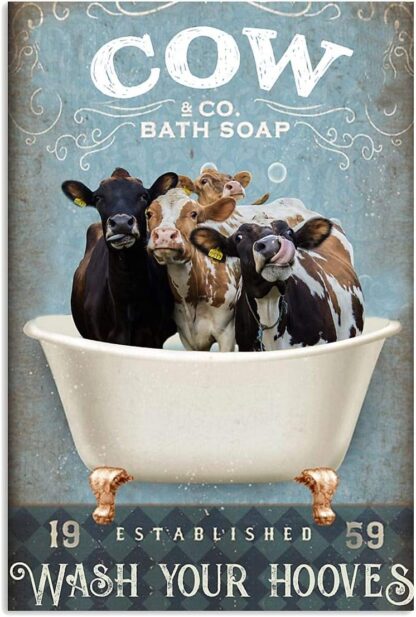 8x12 inch Bathroom Cow Bath Signs Wash Your Hooves Poster