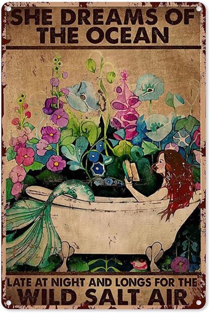 8x12 inch Bathtub Mermaid Metal Tin Sign,She Dreams of The Ocean Super