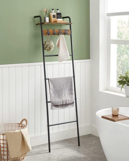 Rustic Brown + Black Blanket Ladder Shelf, Blanket Holder Rack for Living Room