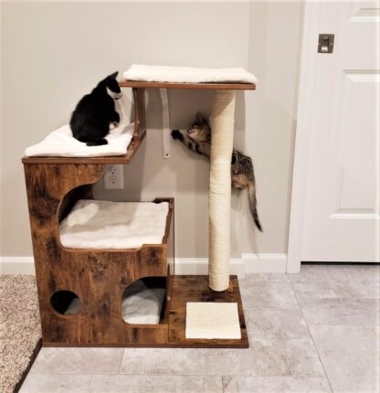 33.9-Inch Rustic Brown + White Cat Tower, Medium Cat Tree with 3 Beds and Cave