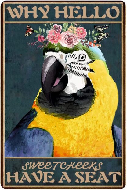 8x12 inch Why Hello Sweet Cheeks Have A Seat Parrot Metal Tin Sign