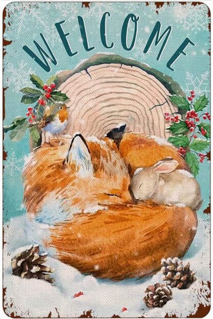 8x12 inch Rust Metal Tin Sign Welcome Winter Fox Bunny Artwork Signs