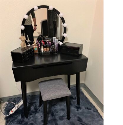 Black Vanity Table, Makeup Vanity Desk with Rounded Mirror