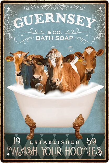 8x12 inch Funny Guernsey Cow Decor Vintage Bathroom and Bathtub Metal Tin Sign