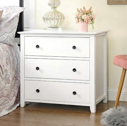 White 3-Drawer Dresser, Chest of Drawers, Bedside Table with Solid Wood Legs