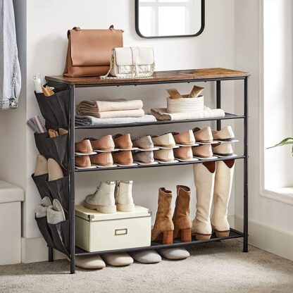 5-Tier Rustic Brown + Black Shoe Rack, Narrow Shoe Organizer